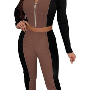 Women's Sexy Tracksuits 2 Piece - Color Block Zip Crop Tops + Bodycon Long Pants